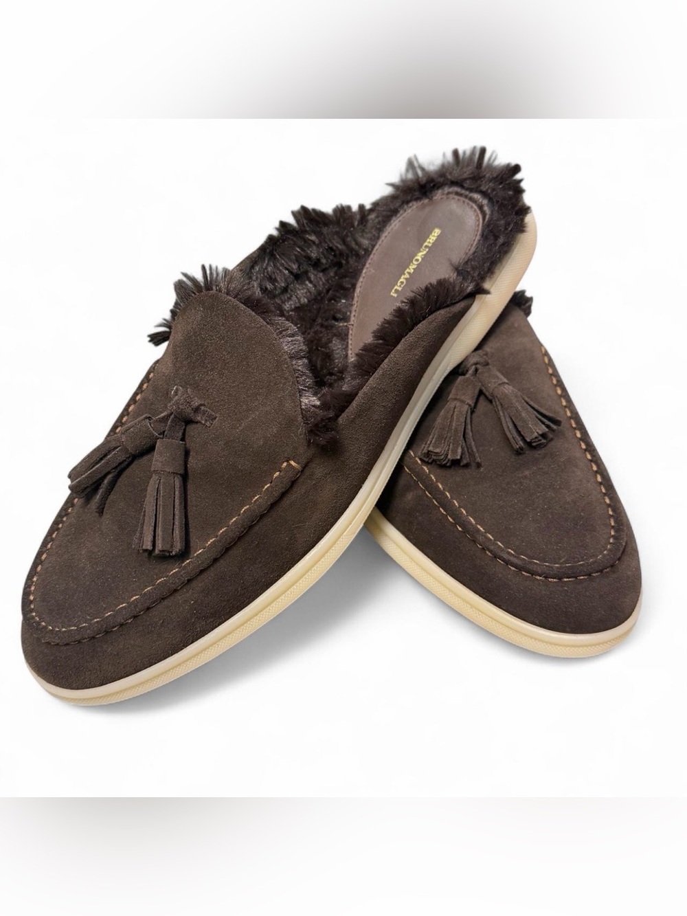 Bruno Magli Dark Brown Suede Tassel Slip-On Mule with Fur Lining 9.5